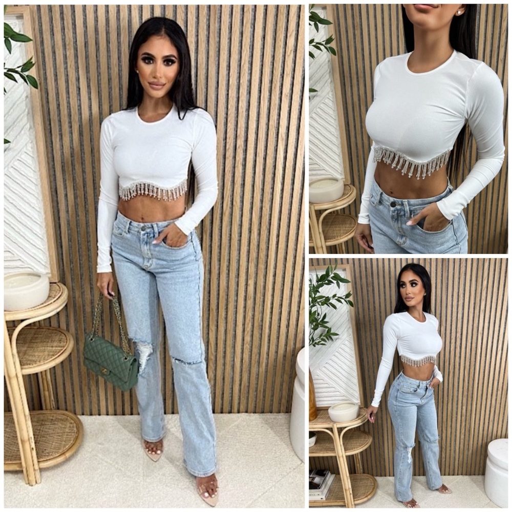 NIP Ribbed Cropped Rhinestone Long Sleeve Top